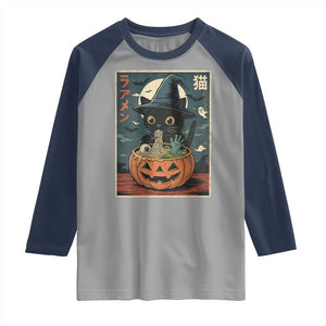 Funny Spooky Black Cat Eating Ramen Kawaii Japanese Halloween Raglan Shirt TS11 Sport Gray Navy Print Your Wear