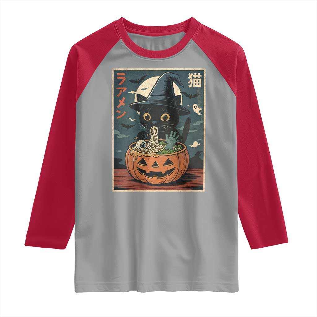 Funny Spooky Black Cat Eating Ramen Kawaii Japanese Halloween Raglan Shirt TS11 Sport Gray Red Print Your Wear