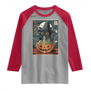 Funny Spooky Black Cat Eating Ramen Kawaii Japanese Halloween Raglan Shirt TS11 Sport Gray Red Print Your Wear