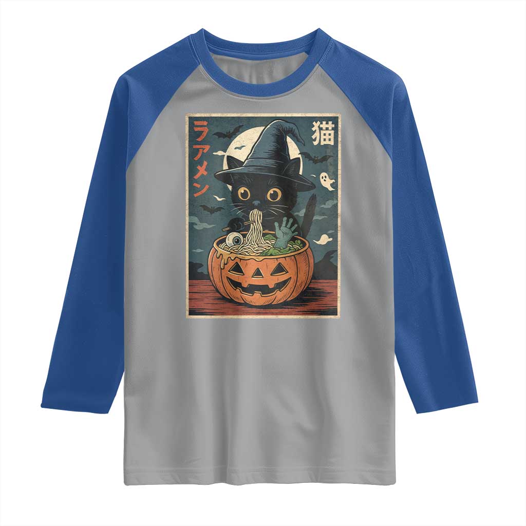 Funny Spooky Black Cat Eating Ramen Kawaii Japanese Halloween Raglan Shirt TS11 Sport Gray Royal Print Your Wear