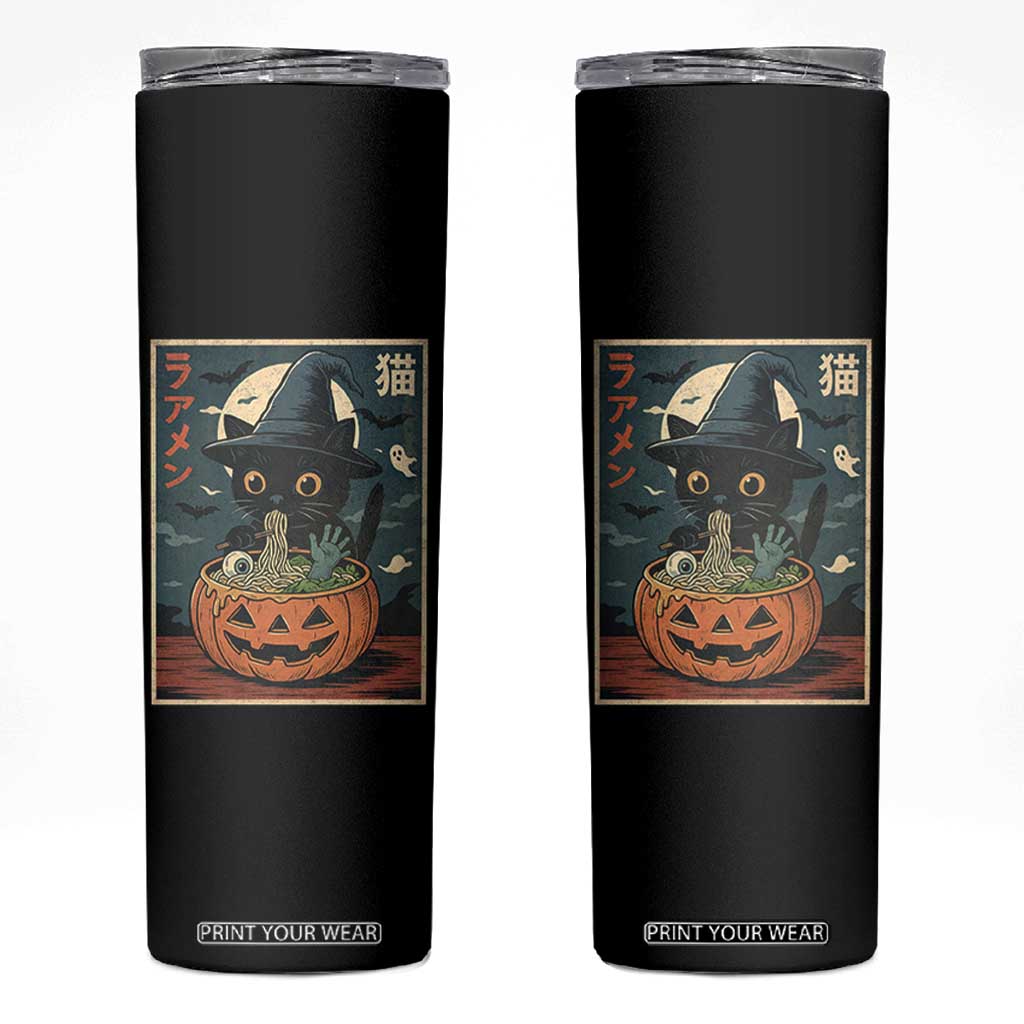 Funny Spooky Black Cat Eating Ramen Kawaii Japanese Halloween Skinny Tumbler TS11 Black Print Your Wear