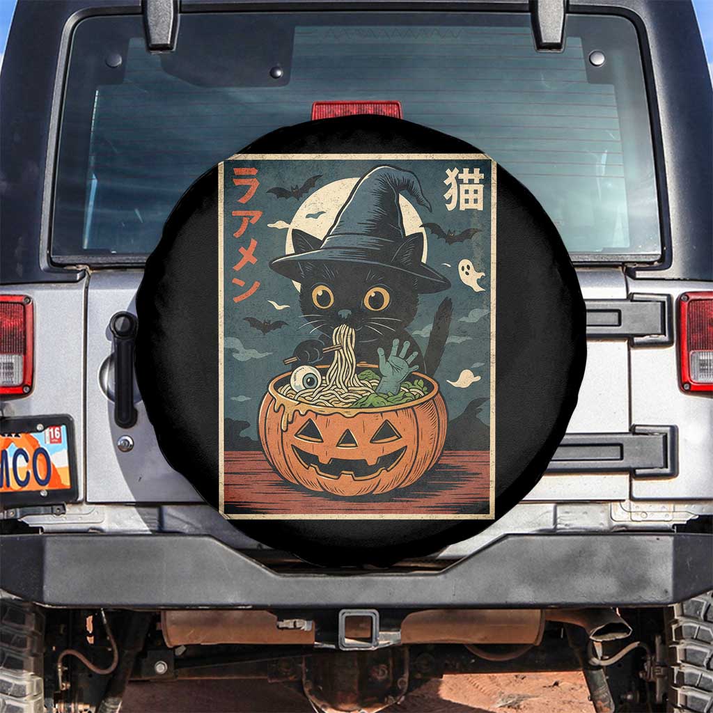 Funny Spooky Black Cat Eating Ramen Kawaii Japanese Halloween Spare Tire Cover TS11 No hole Black Print Your Wear