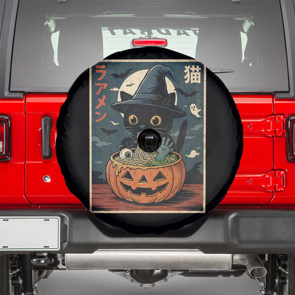 Funny Spooky Black Cat Eating Ramen Kawaii Japanese Halloween Spare Tire Cover TS11 Black Print Your Wear