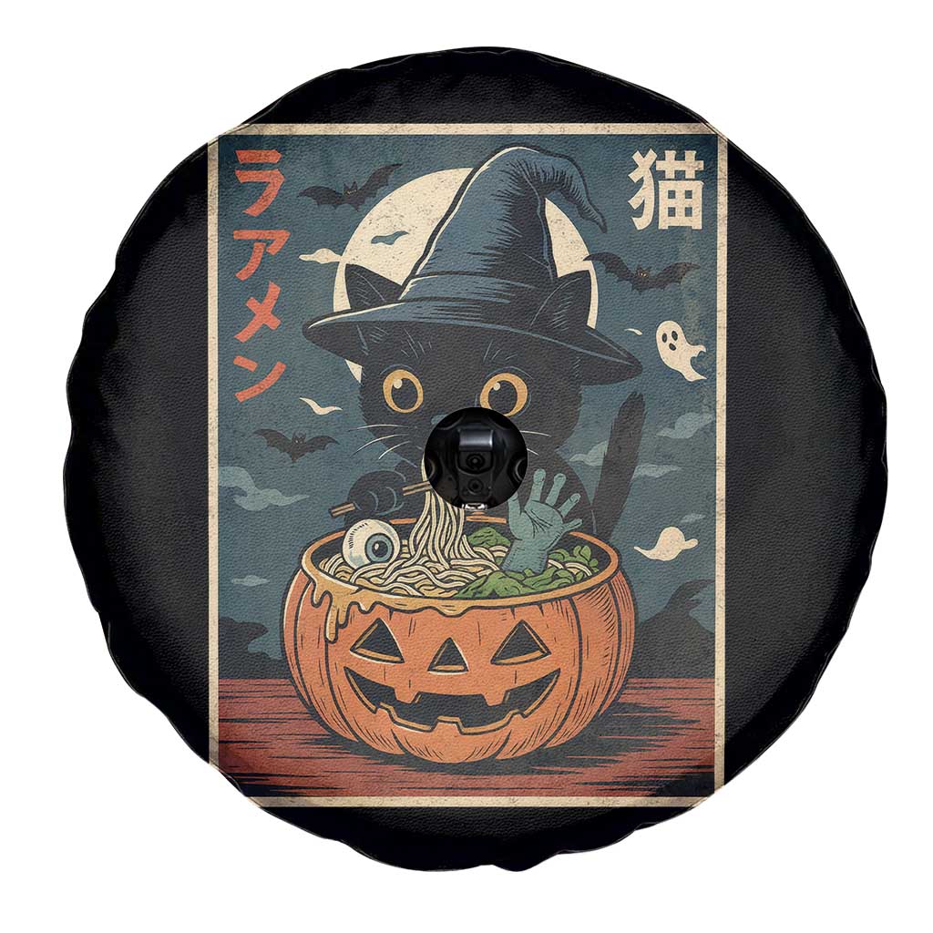 Funny Spooky Black Cat Eating Ramen Kawaii Japanese Halloween Spare Tire Cover TS11 Print Your Wear