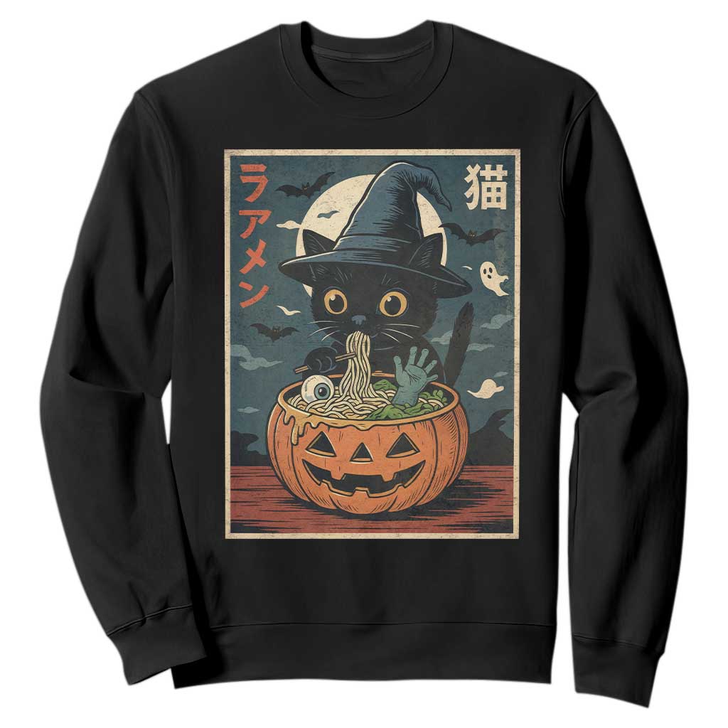 Funny Spooky Black Cat Eating Ramen Kawaii Japanese Halloween Sweatshirt TS11 Black Print Your Wear