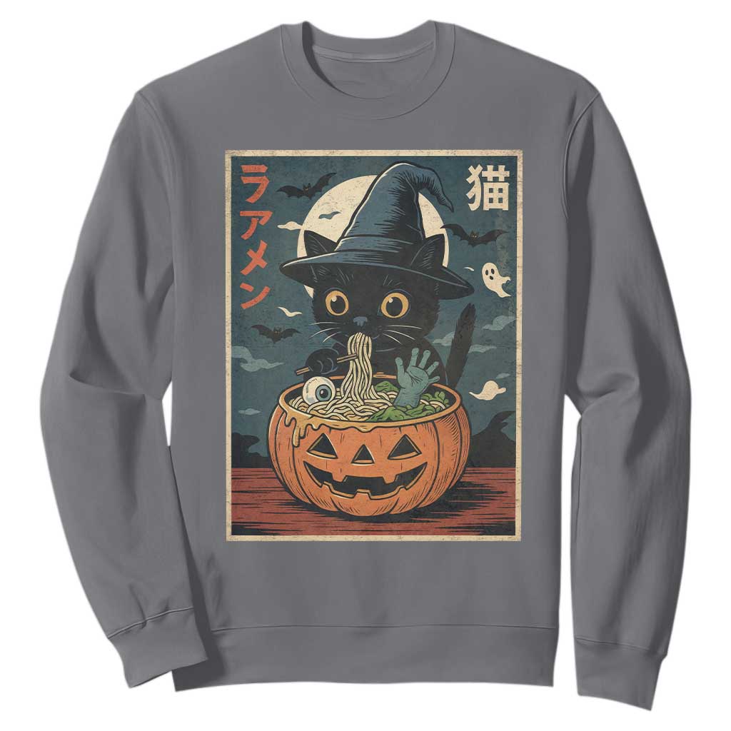 Funny Spooky Black Cat Eating Ramen Kawaii Japanese Halloween Sweatshirt TS11 Charcoal Print Your Wear