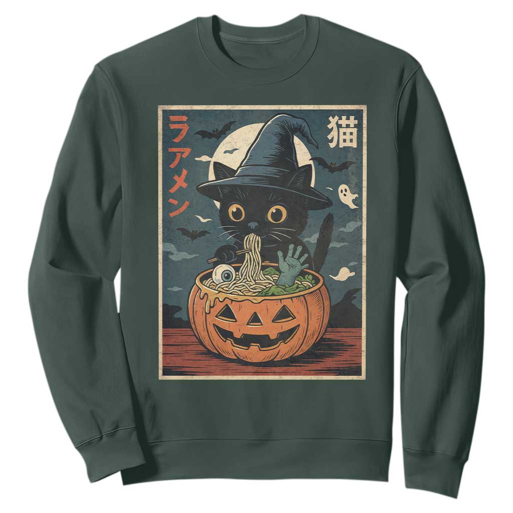 Funny Spooky Black Cat Eating Ramen Kawaii Japanese Halloween Sweatshirt TS11 Dark Forest Green Print Your Wear