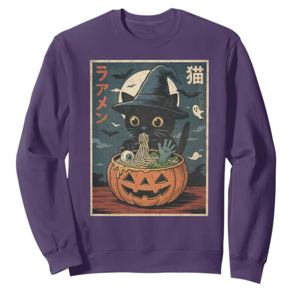 Funny Spooky Black Cat Eating Ramen Kawaii Japanese Halloween Sweatshirt TS11 Purple Print Your Wear