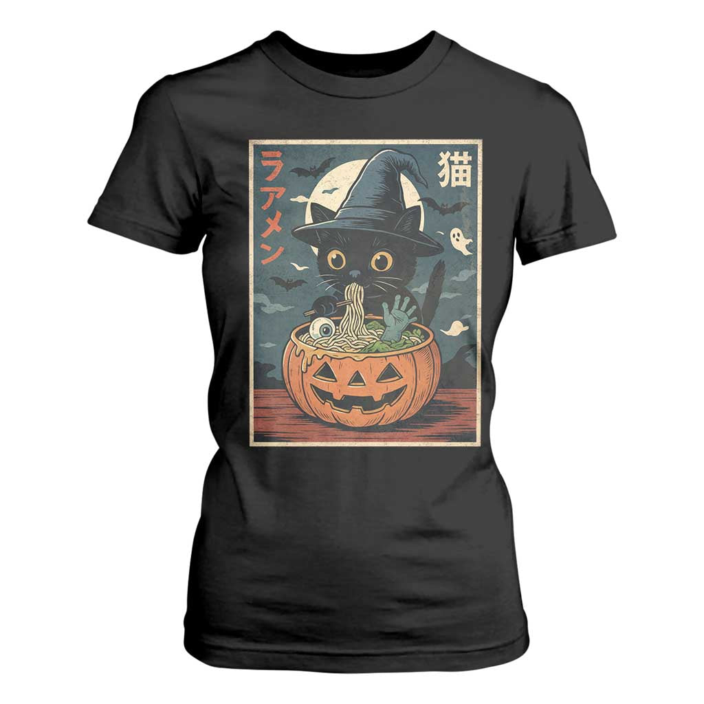 Funny Spooky Black Cat Eating Ramen Kawaii Japanese Halloween T Shirt For Women TS11 Black Print Your Wear