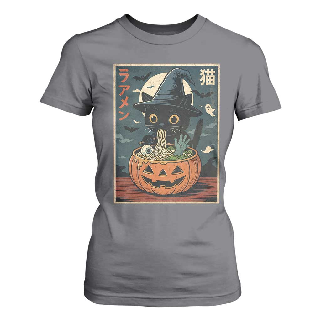 Funny Spooky Black Cat Eating Ramen Kawaii Japanese Halloween T Shirt For Women TS11 Charcoal Print Your Wear