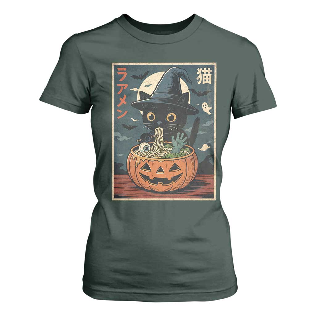 Funny Spooky Black Cat Eating Ramen Kawaii Japanese Halloween T Shirt For Women TS11 Dark Forest Green Print Your Wear