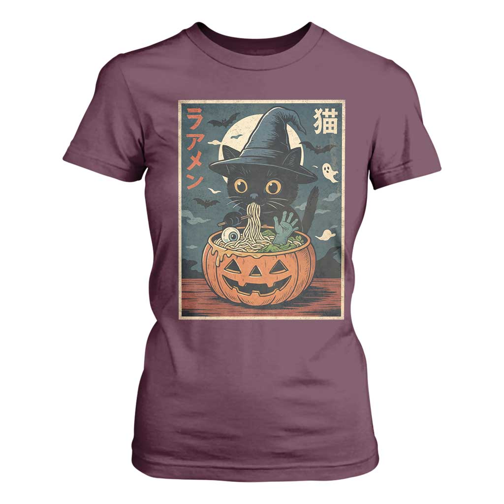 Funny Spooky Black Cat Eating Ramen Kawaii Japanese Halloween T Shirt For Women TS11 Maroon Print Your Wear