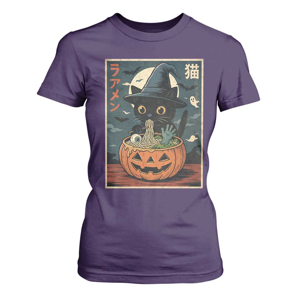 Funny Spooky Black Cat Eating Ramen Kawaii Japanese Halloween T Shirt For Women TS11 Purple Print Your Wear