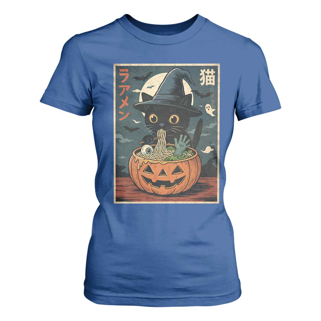 Funny Spooky Black Cat Eating Ramen Kawaii Japanese Halloween T Shirt For Women TS11 Royal Blue Print Your Wear