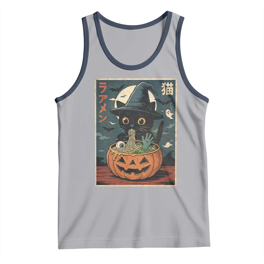 Funny Spooky Black Cat Eating Ramen Kawaii Japanese Halloween Tank Top TS11 Athletic Heather Navy Print Your Wear