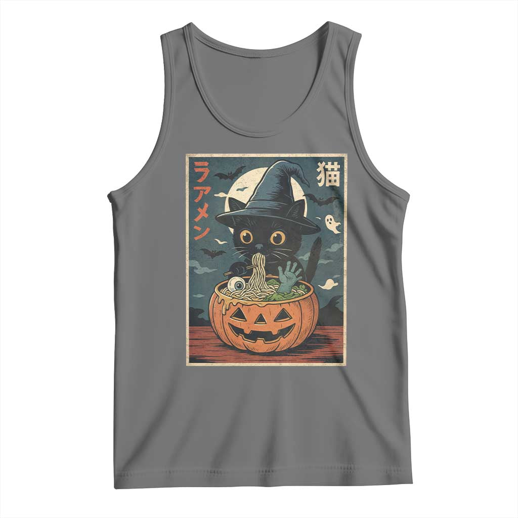 Funny Spooky Black Cat Eating Ramen Kawaii Japanese Halloween Tank Top TS11 Black Heather Print Your Wear