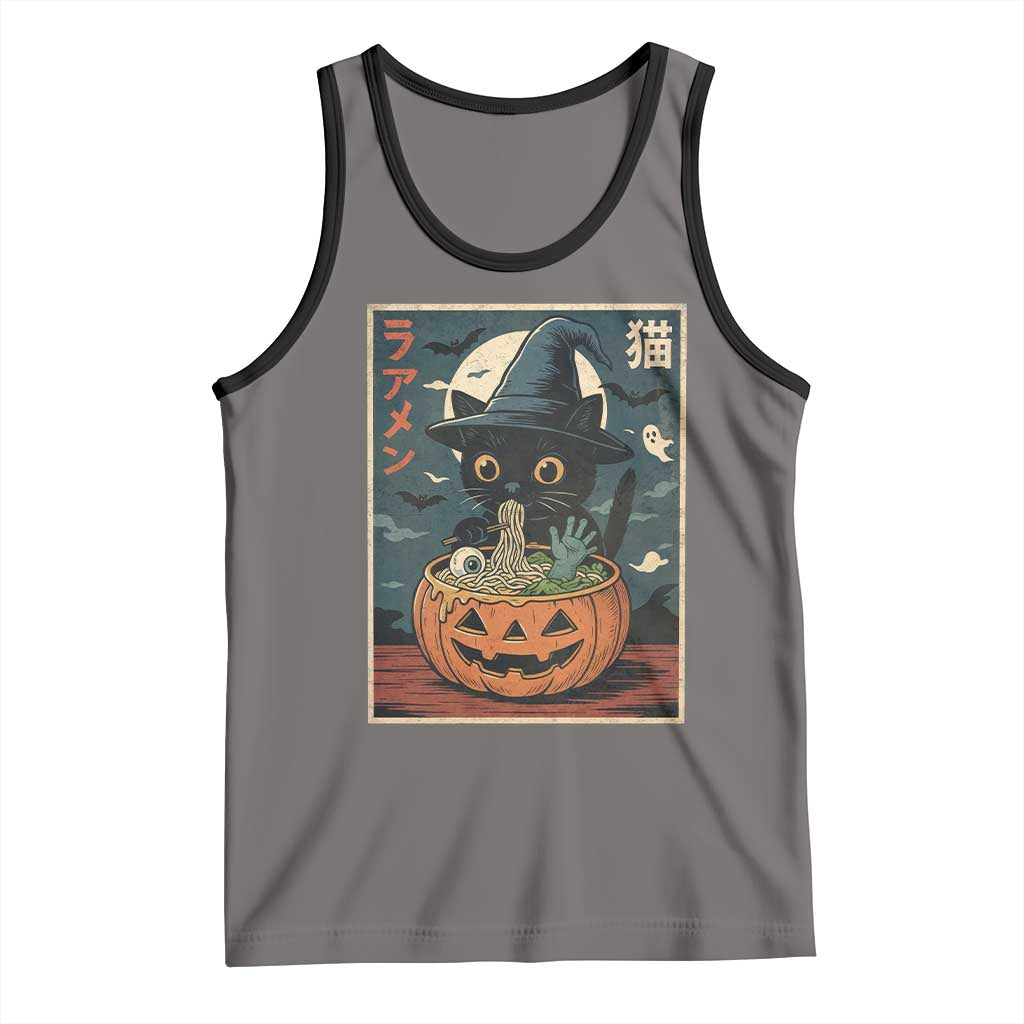 Funny Spooky Black Cat Eating Ramen Kawaii Japanese Halloween Tank Top TS11 Deep Heather Black Print Your Wear