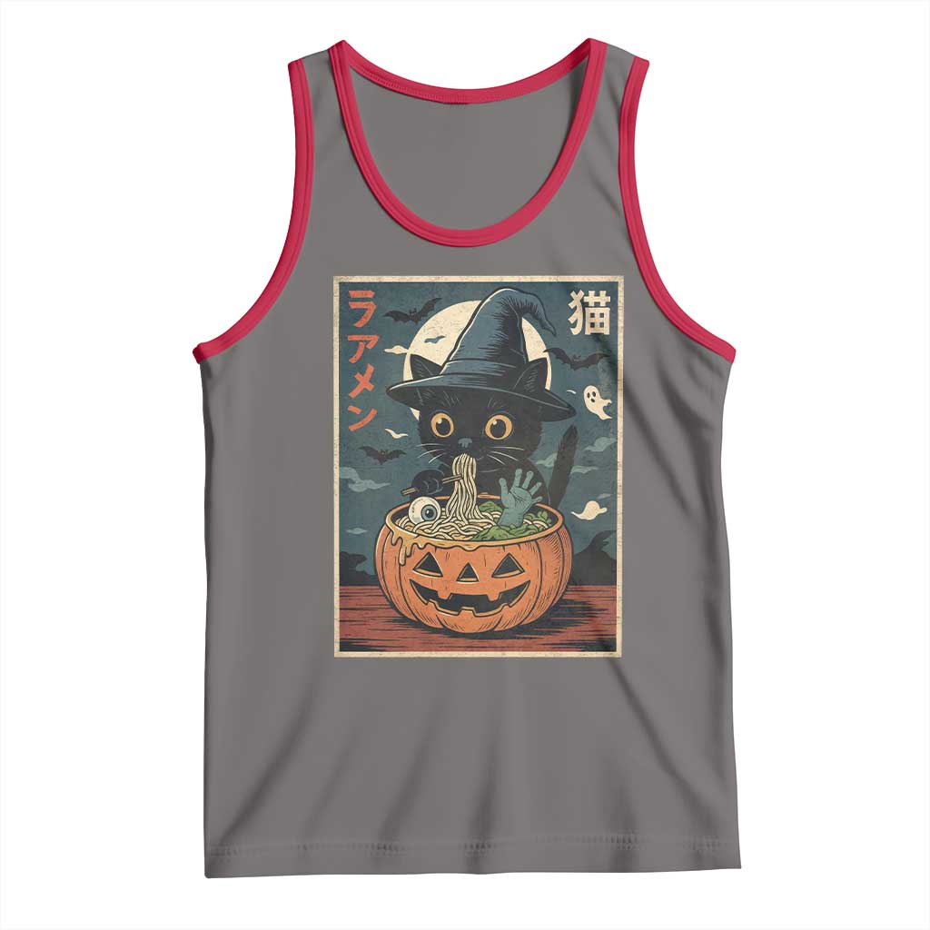 Funny Spooky Black Cat Eating Ramen Kawaii Japanese Halloween Tank Top TS11 Deep Heather Red Print Your Wear