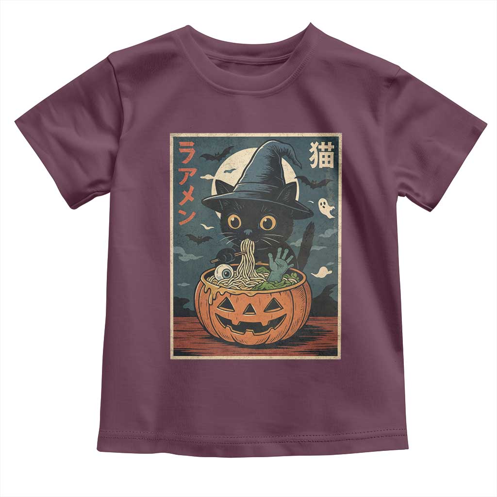 Funny Spooky Black Cat Eating Ramen Kawaii Japanese Halloween Toddler T Shirt TS11 Maroon Print Your Wear
