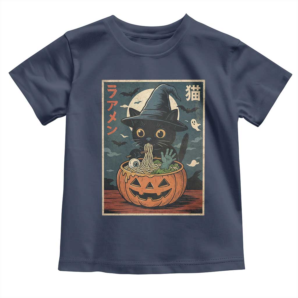 Funny Spooky Black Cat Eating Ramen Kawaii Japanese Halloween Toddler T Shirt TS11 Navy Print Your Wear