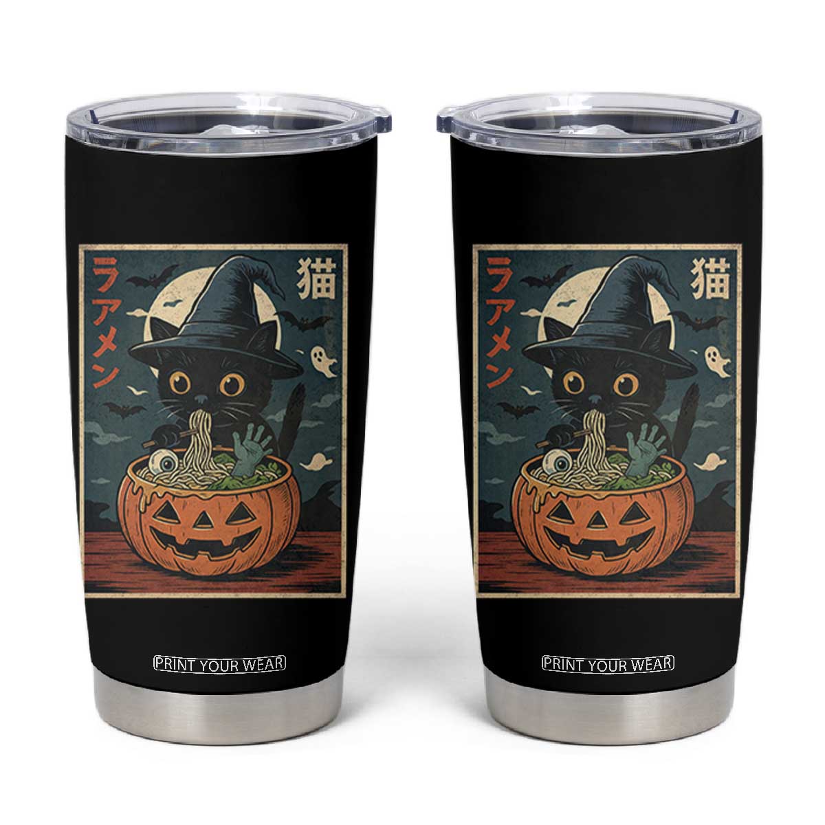 Funny Spooky Black Cat Eating Ramen Kawaii Japanese Halloween Tumbler Cup TS11 Black Print Your Wear