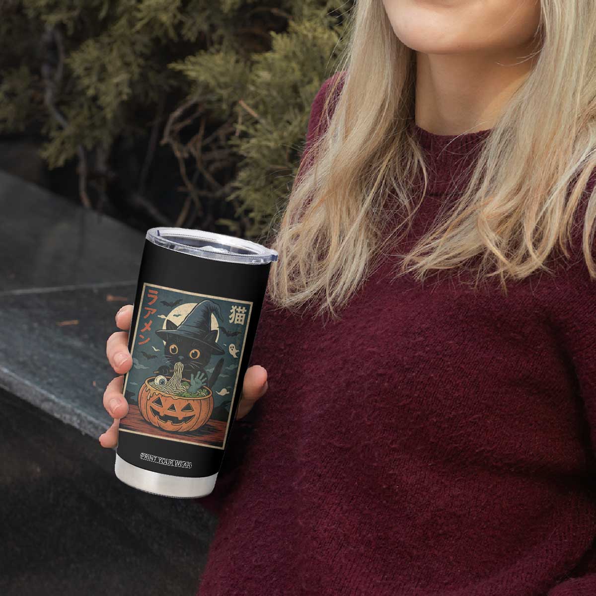 Funny Spooky Black Cat Eating Ramen Kawaii Japanese Halloween Tumbler Cup TS11 Print Your Wear