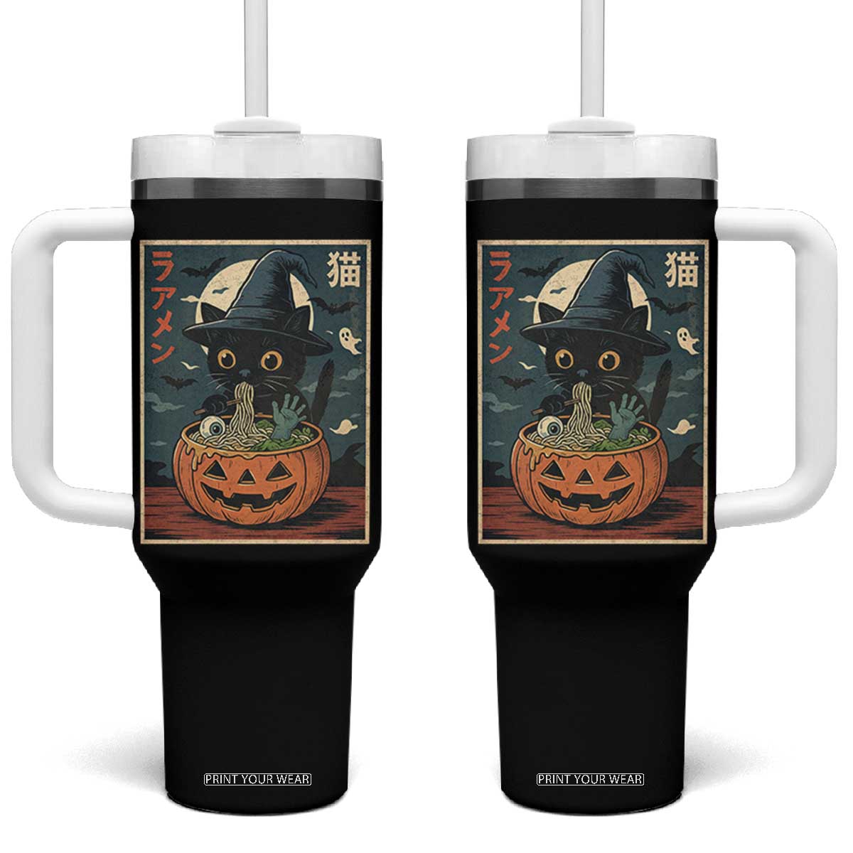 Funny Spooky Black Cat Eating Ramen Kawaii Japanese Halloween Tumbler With Handle TS11 One Size: 40 oz Black Print Your Wear