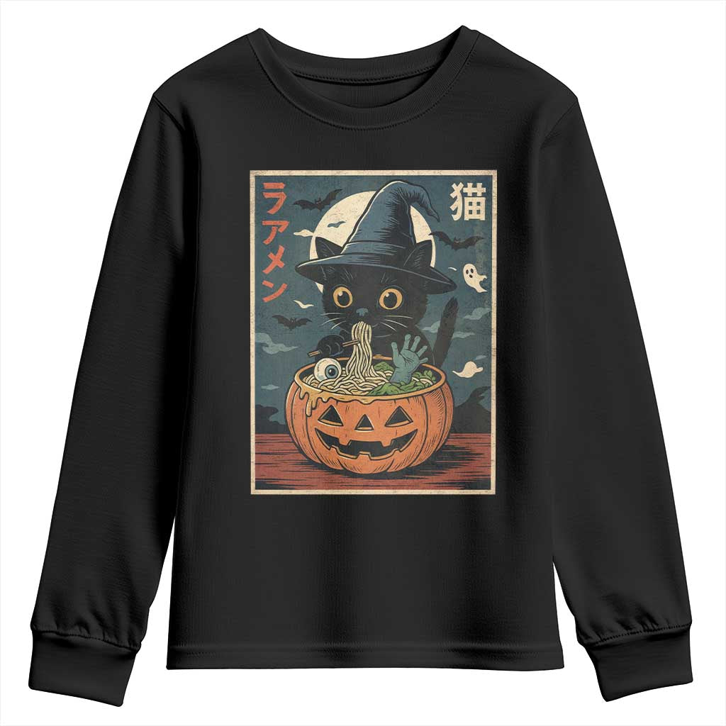 Funny Spooky Black Cat Eating Ramen Kawaii Japanese Halloween Youth Sweatshirt TS11 Black Print Your Wear