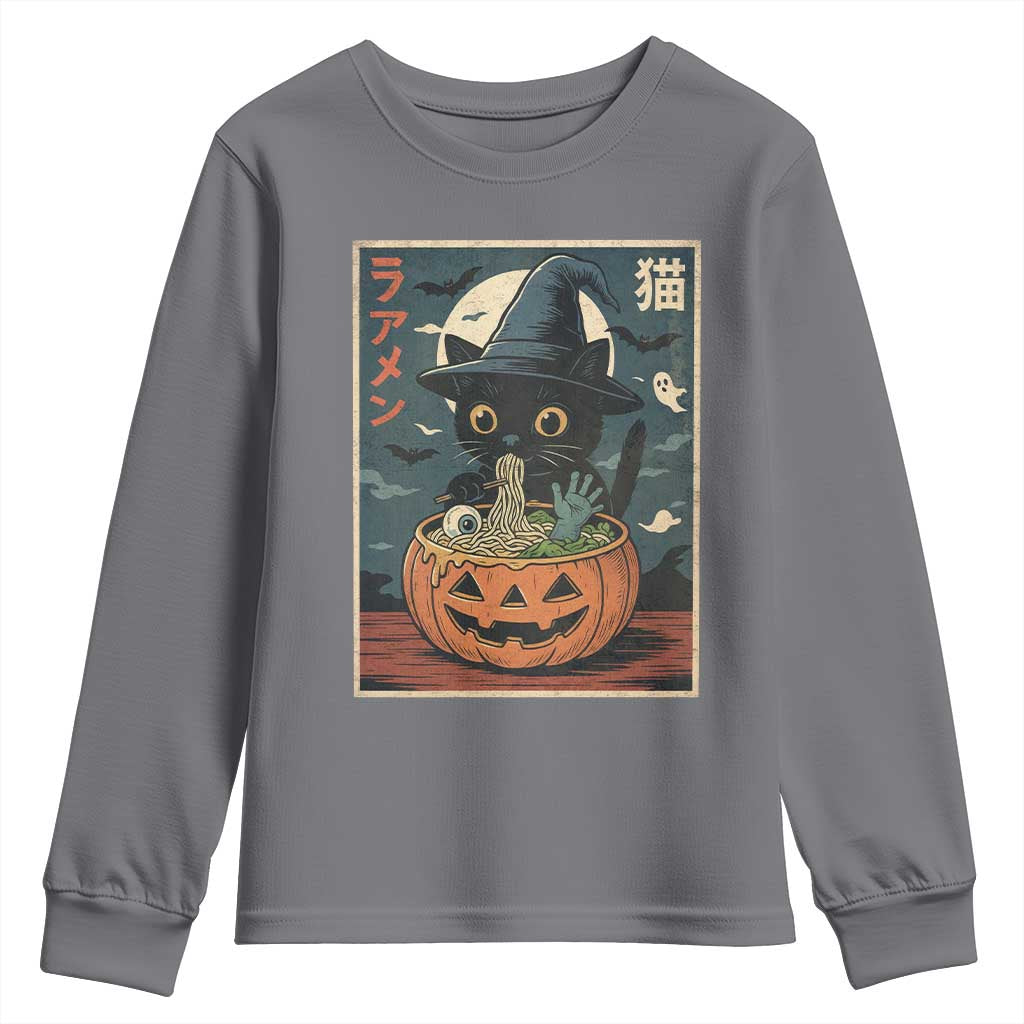 Funny Spooky Black Cat Eating Ramen Kawaii Japanese Halloween Youth Sweatshirt TS11 Charcoal Print Your Wear
