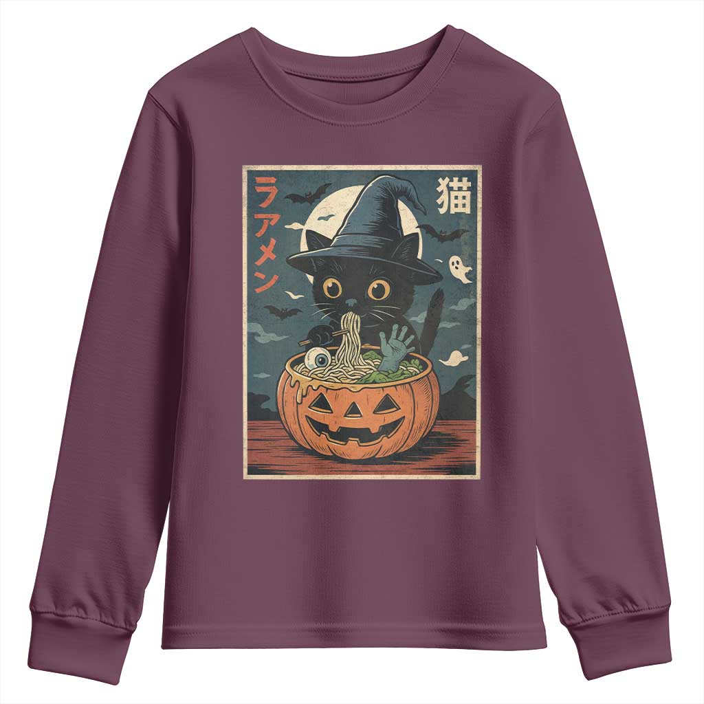 Funny Spooky Black Cat Eating Ramen Kawaii Japanese Halloween Youth Sweatshirt TS11 Maroon Print Your Wear