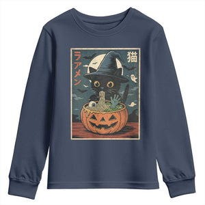 Funny Spooky Black Cat Eating Ramen Kawaii Japanese Halloween Youth Sweatshirt TS11 Navy Print Your Wear