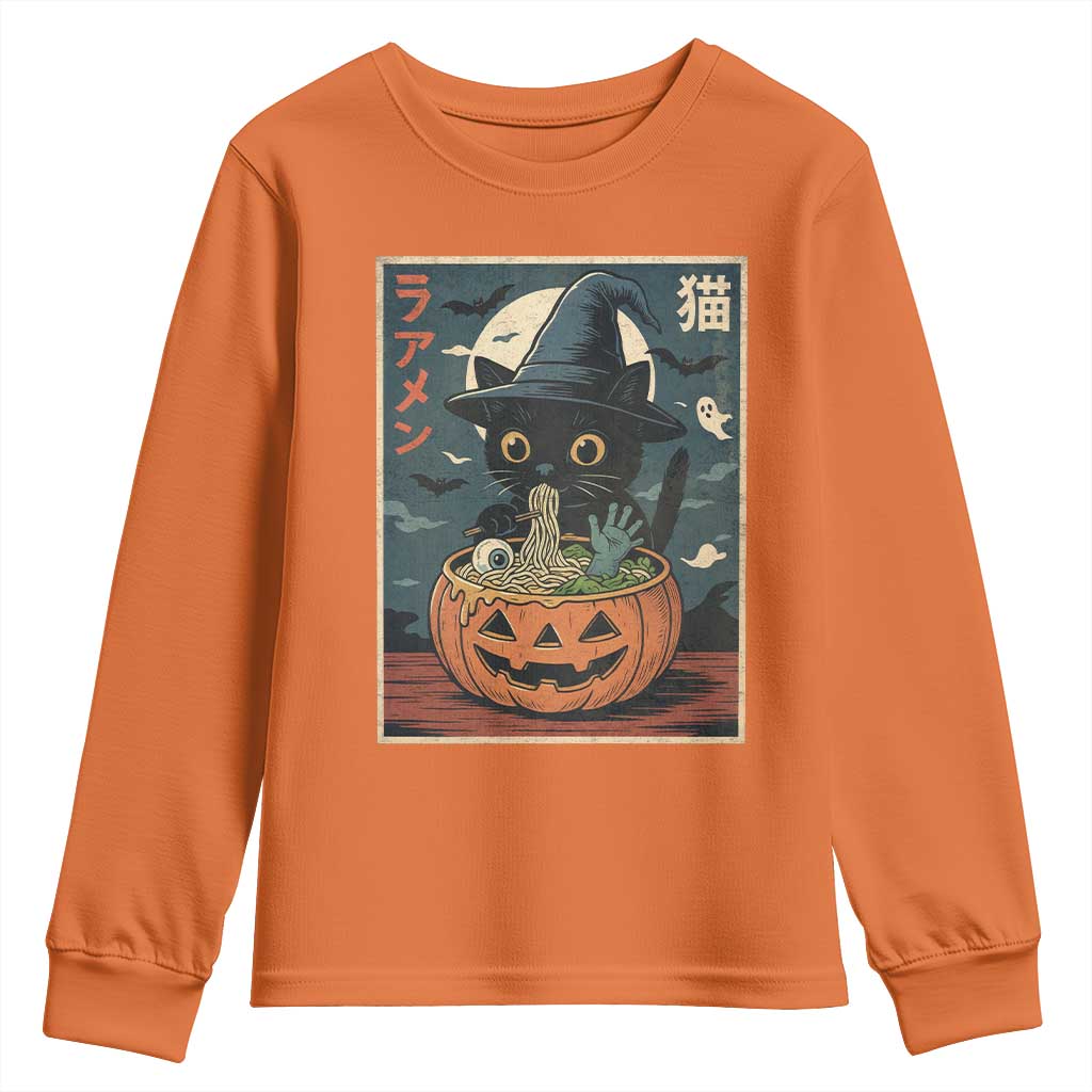 Funny Spooky Black Cat Eating Ramen Kawaii Japanese Halloween Youth Sweatshirt TS11 Orange Print Your Wear