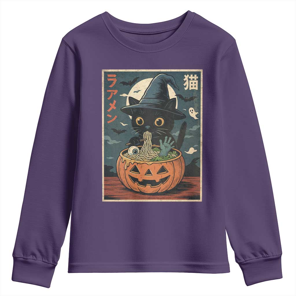 Funny Spooky Black Cat Eating Ramen Kawaii Japanese Halloween Youth Sweatshirt TS11 Purple Print Your Wear