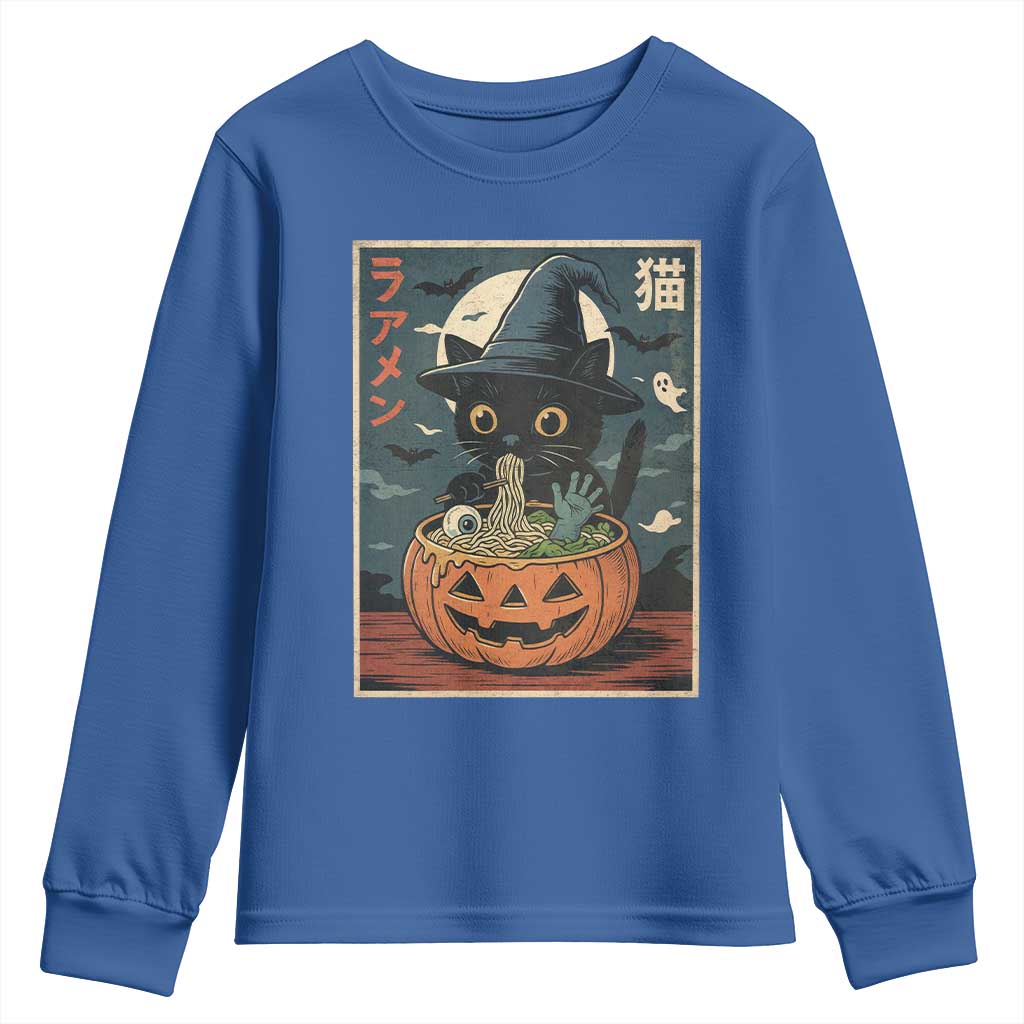 Funny Spooky Black Cat Eating Ramen Kawaii Japanese Halloween Youth Sweatshirt TS11 Royal Blue Print Your Wear
