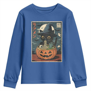 Funny Spooky Black Cat Eating Ramen Kawaii Japanese Halloween Youth Sweatshirt TS11 Royal Blue Print Your Wear
