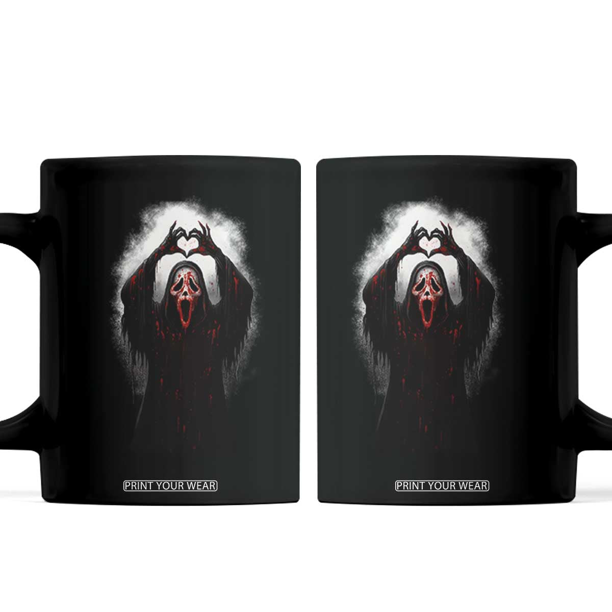 Funny Scary Face Ghost Hand Heart Sign Halloween Coffee Mug TS11 Black Print Your Wear