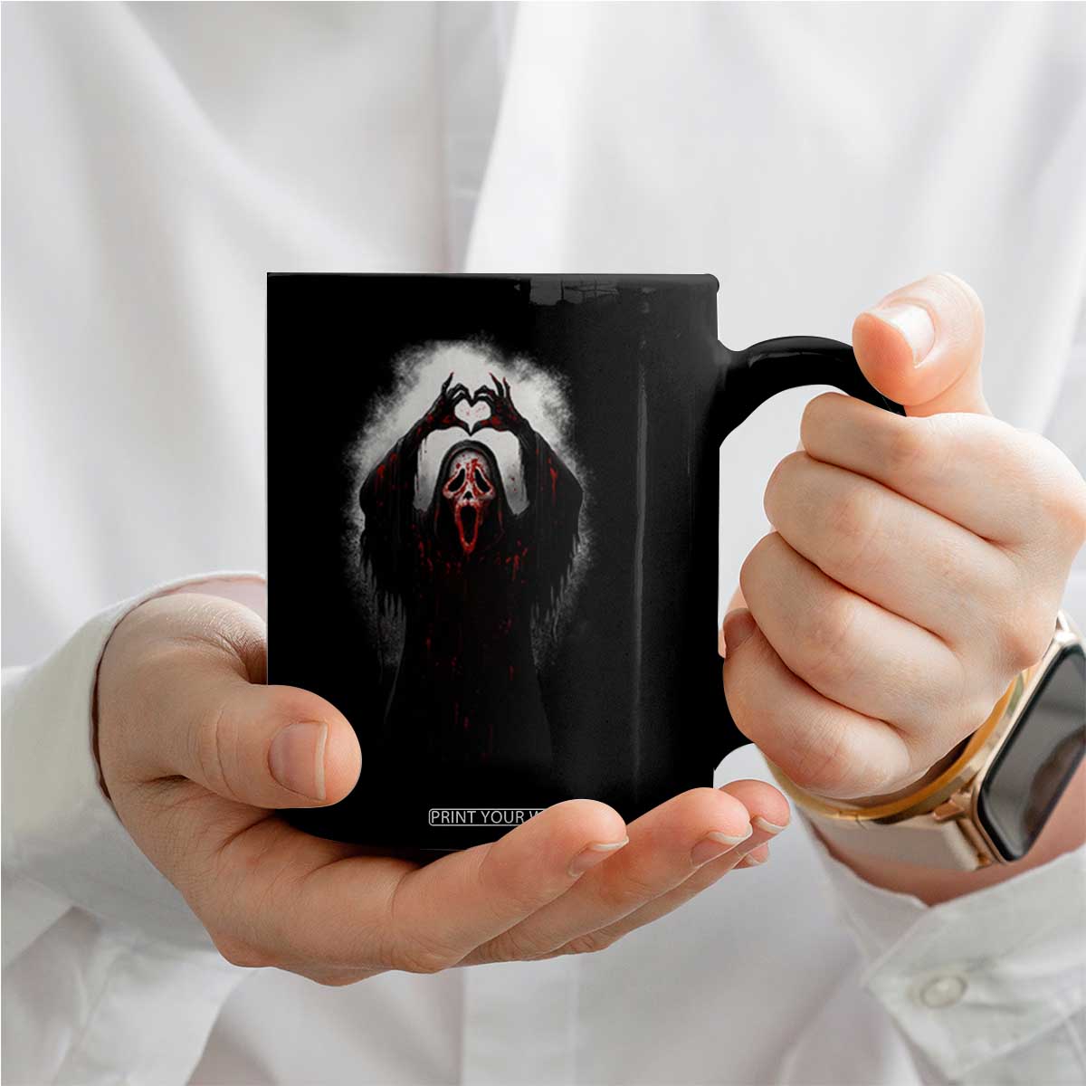 Funny Scary Face Ghost Hand Heart Sign Halloween Coffee Mug TS11 Print Your Wear