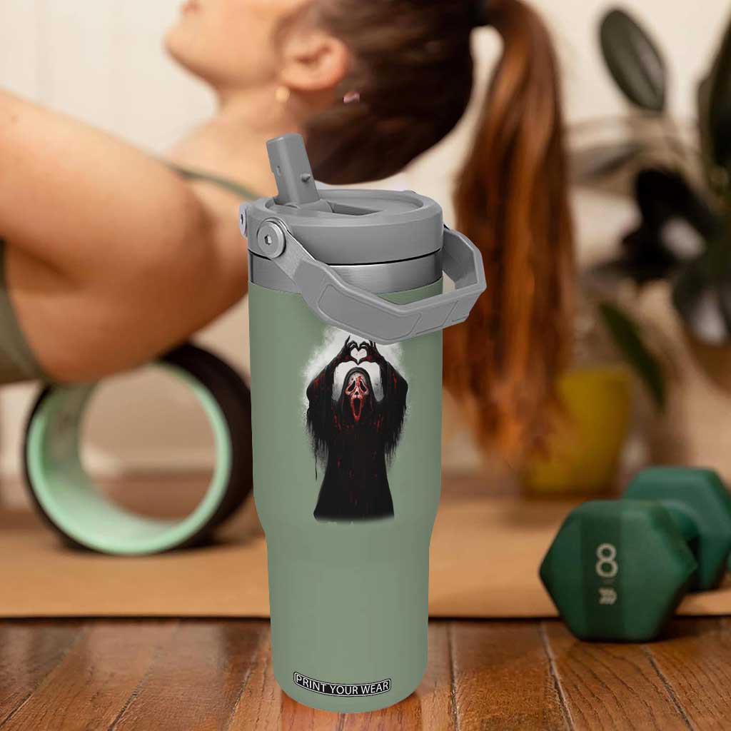 Funny Scary Face Ghost Hand Heart Sign Halloween Flip Straw Tumbler TS11 One Size: 30 oz Moss Green Print Your Wear