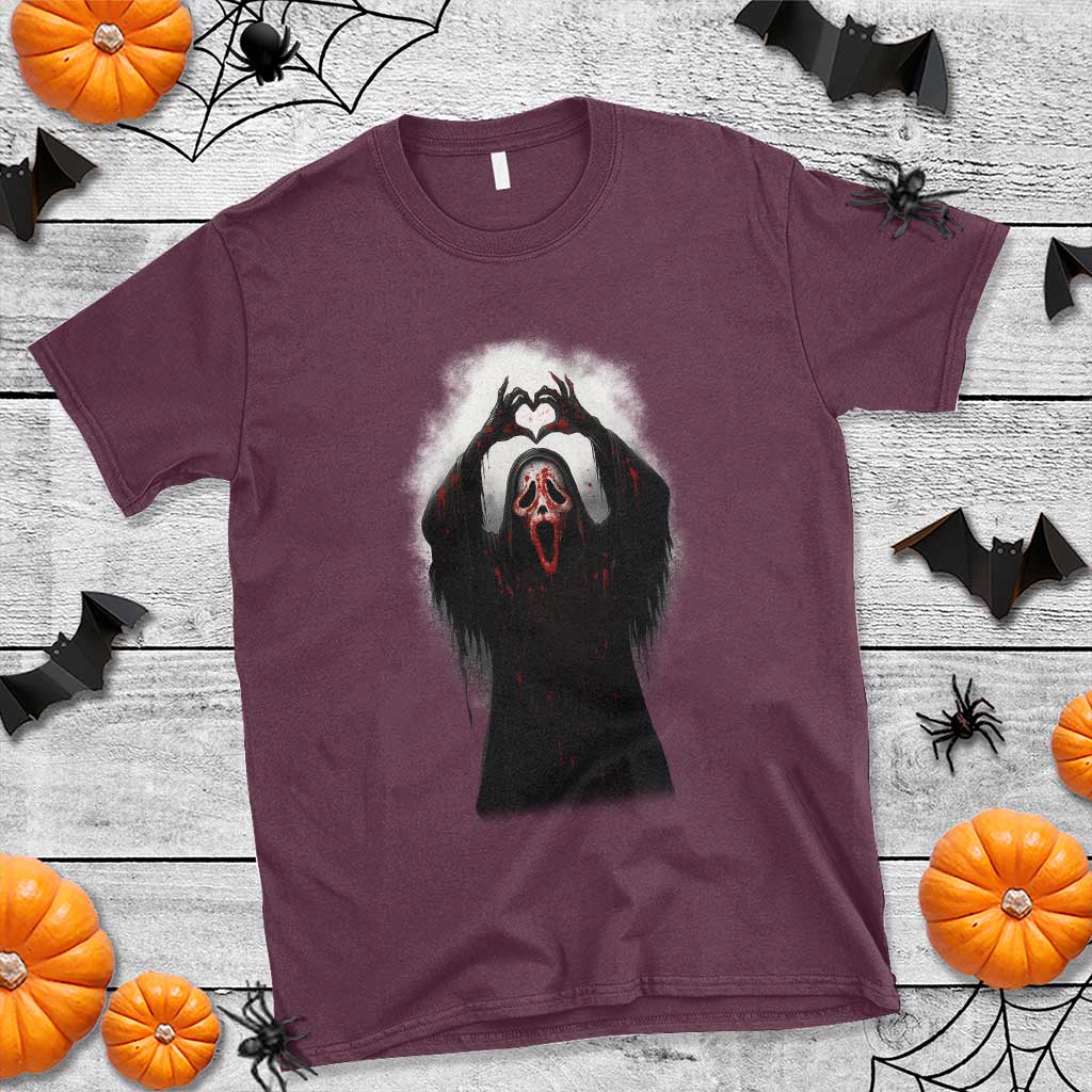 Funny Scary Face Ghost Hand Heart Sign Halloween T Shirt TS11 Maroon Print Your Wear