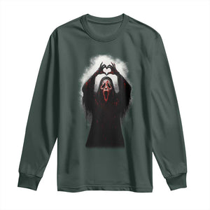 Funny Scary Face Ghost Hand Heart Sign Halloween Long Sleeve Shirt TS11 Dark Forest Green Print Your Wear