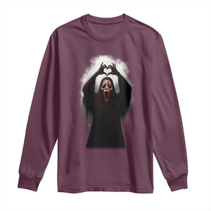 Funny Scary Face Ghost Hand Heart Sign Halloween Long Sleeve Shirt TS11 Maroon Print Your Wear