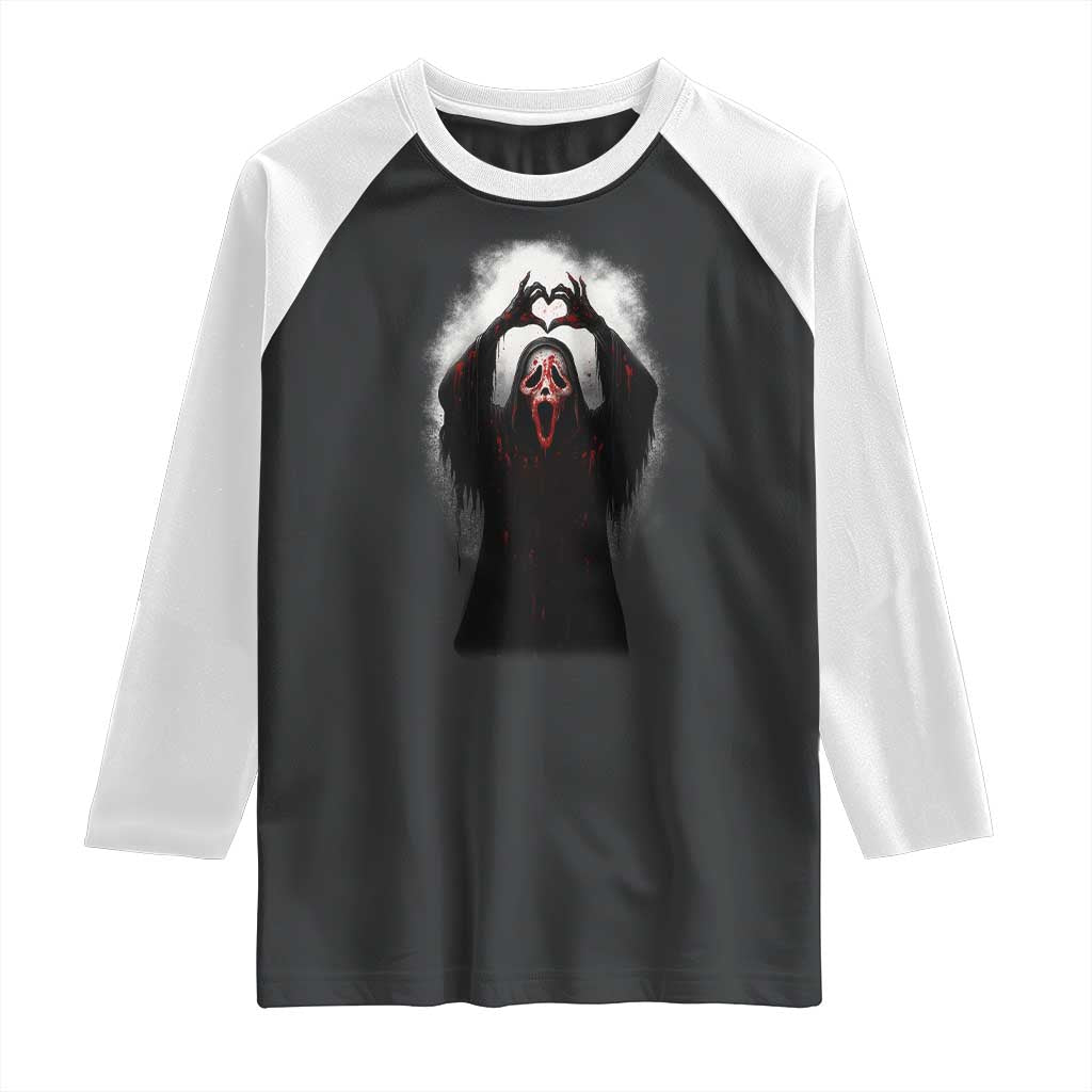 Funny Scary Face Ghost Hand Heart Sign Halloween Raglan Shirt TS11 Black White Print Your Wear