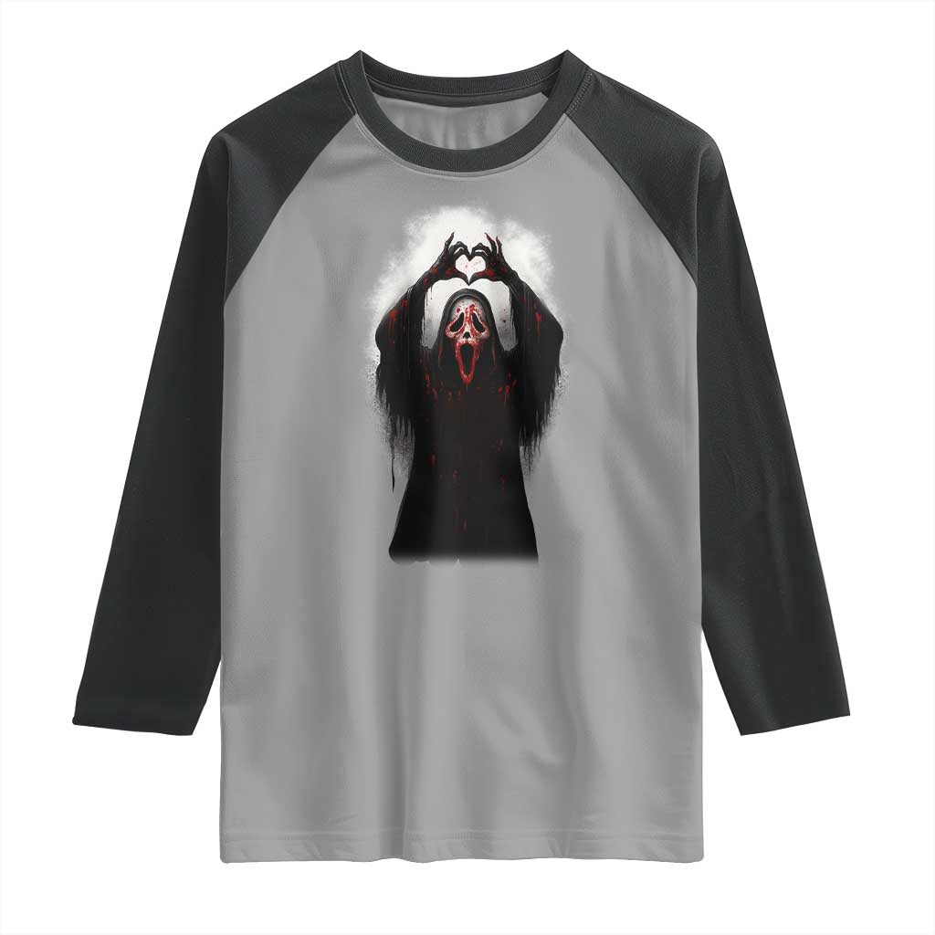 Funny Scary Face Ghost Hand Heart Sign Halloween Raglan Shirt TS11 Sport Gray Black Print Your Wear