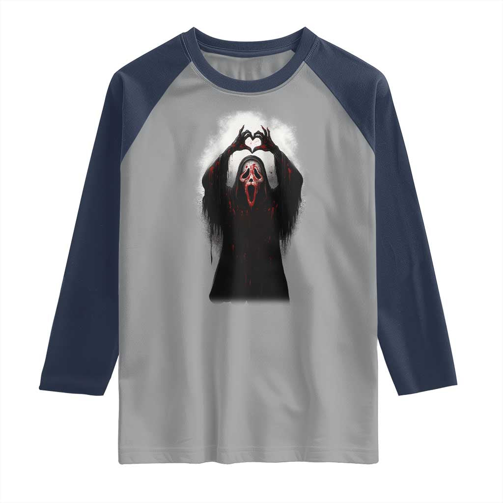 Funny Scary Face Ghost Hand Heart Sign Halloween Raglan Shirt TS11 Sport Gray Navy Print Your Wear