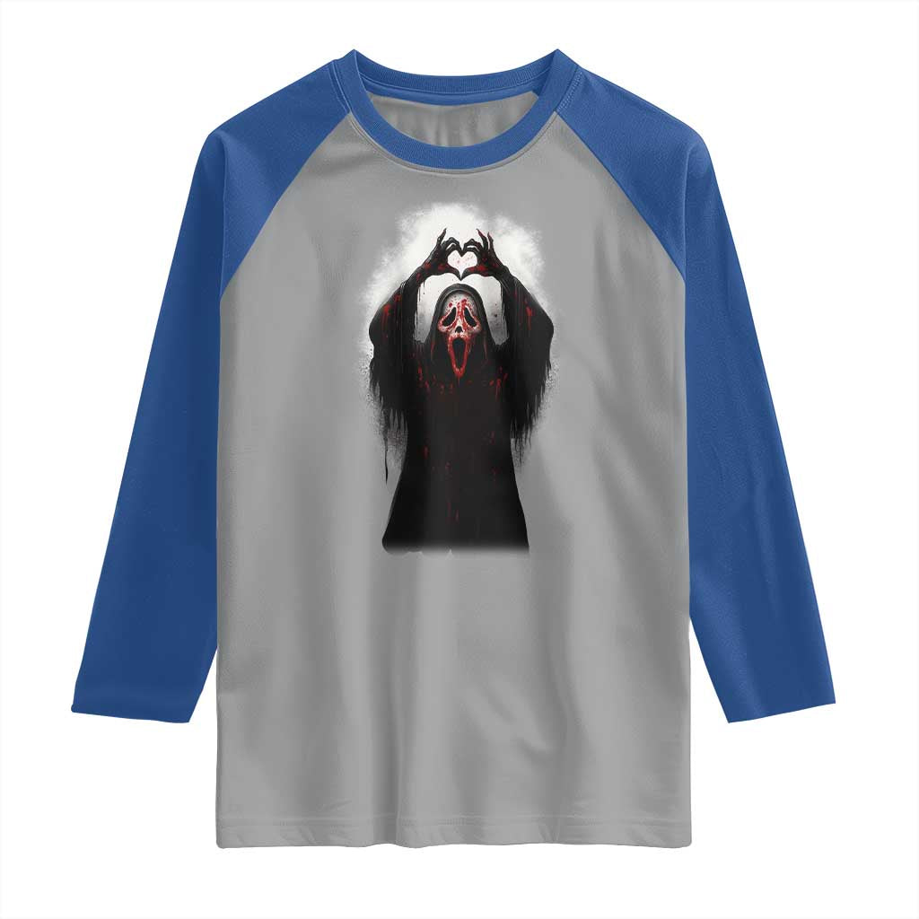 Funny Scary Face Ghost Hand Heart Sign Halloween Raglan Shirt TS11 Sport Gray Royal Print Your Wear