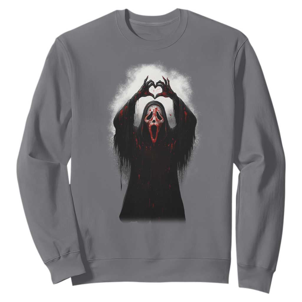 Funny Scary Face Ghost Hand Heart Sign Halloween Sweatshirt TS11 Charcoal Print Your Wear