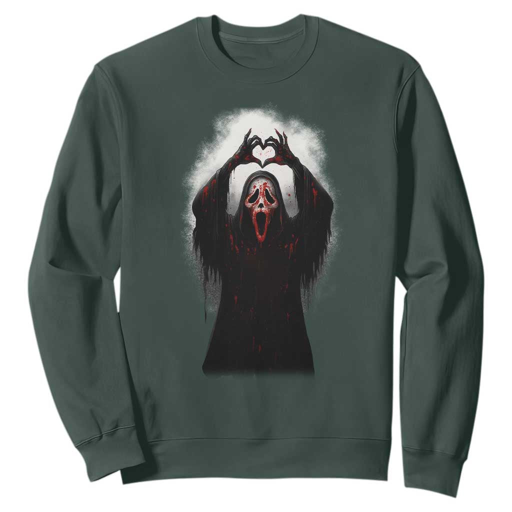 Funny Scary Face Ghost Hand Heart Sign Halloween Sweatshirt TS11 Dark Forest Green Print Your Wear
