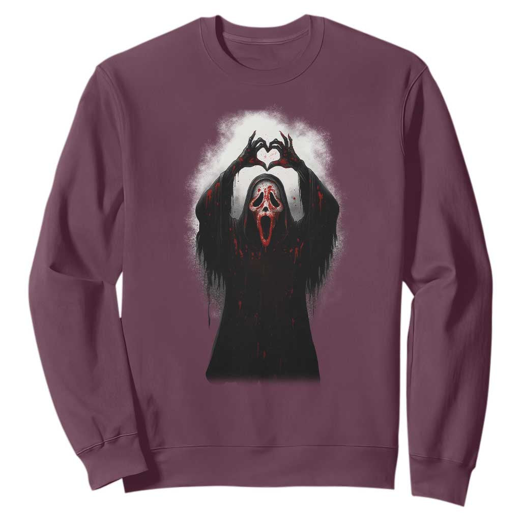 Funny Scary Face Ghost Hand Heart Sign Halloween Sweatshirt TS11 Maroon Print Your Wear