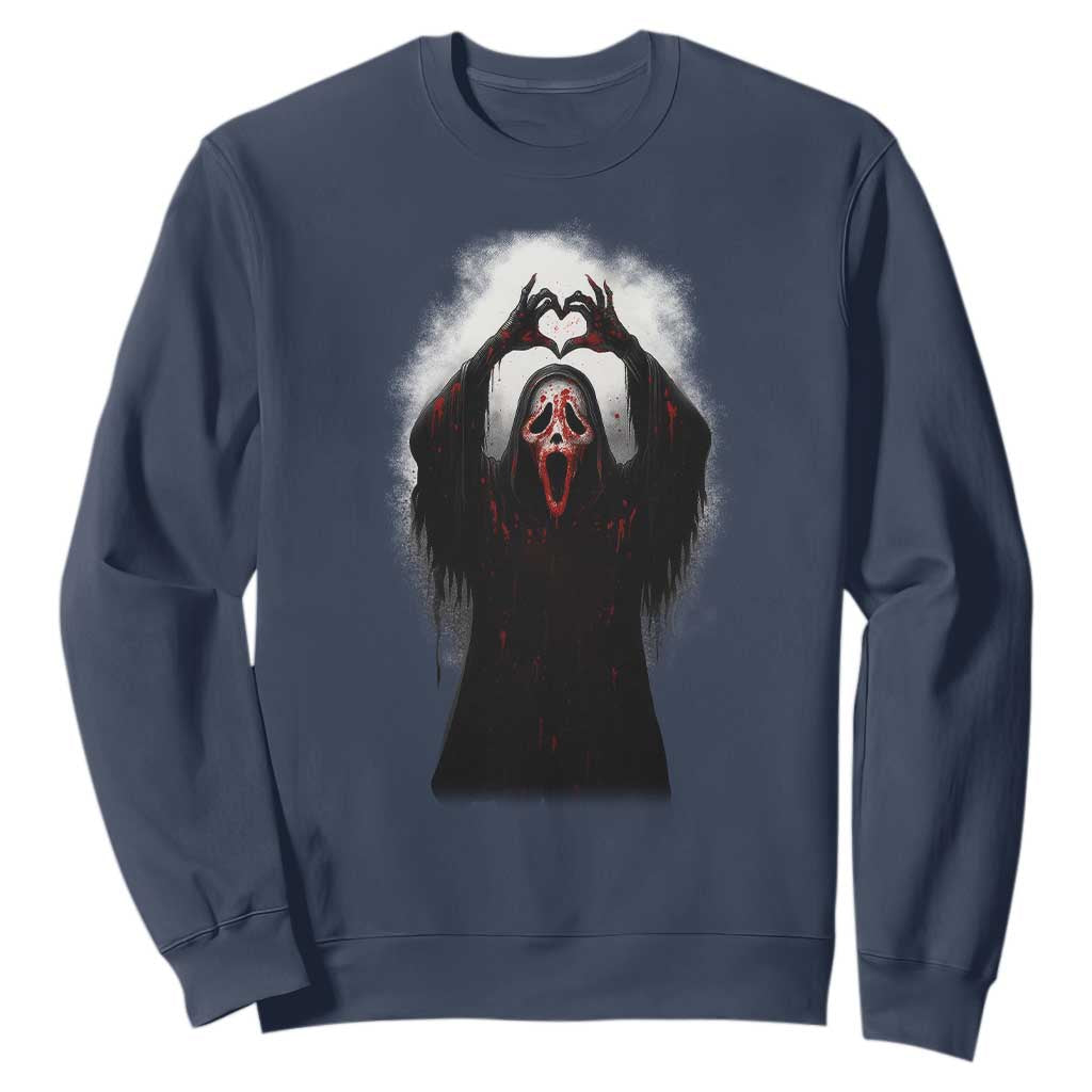 Funny Scary Face Ghost Hand Heart Sign Halloween Sweatshirt TS11 Navy Print Your Wear