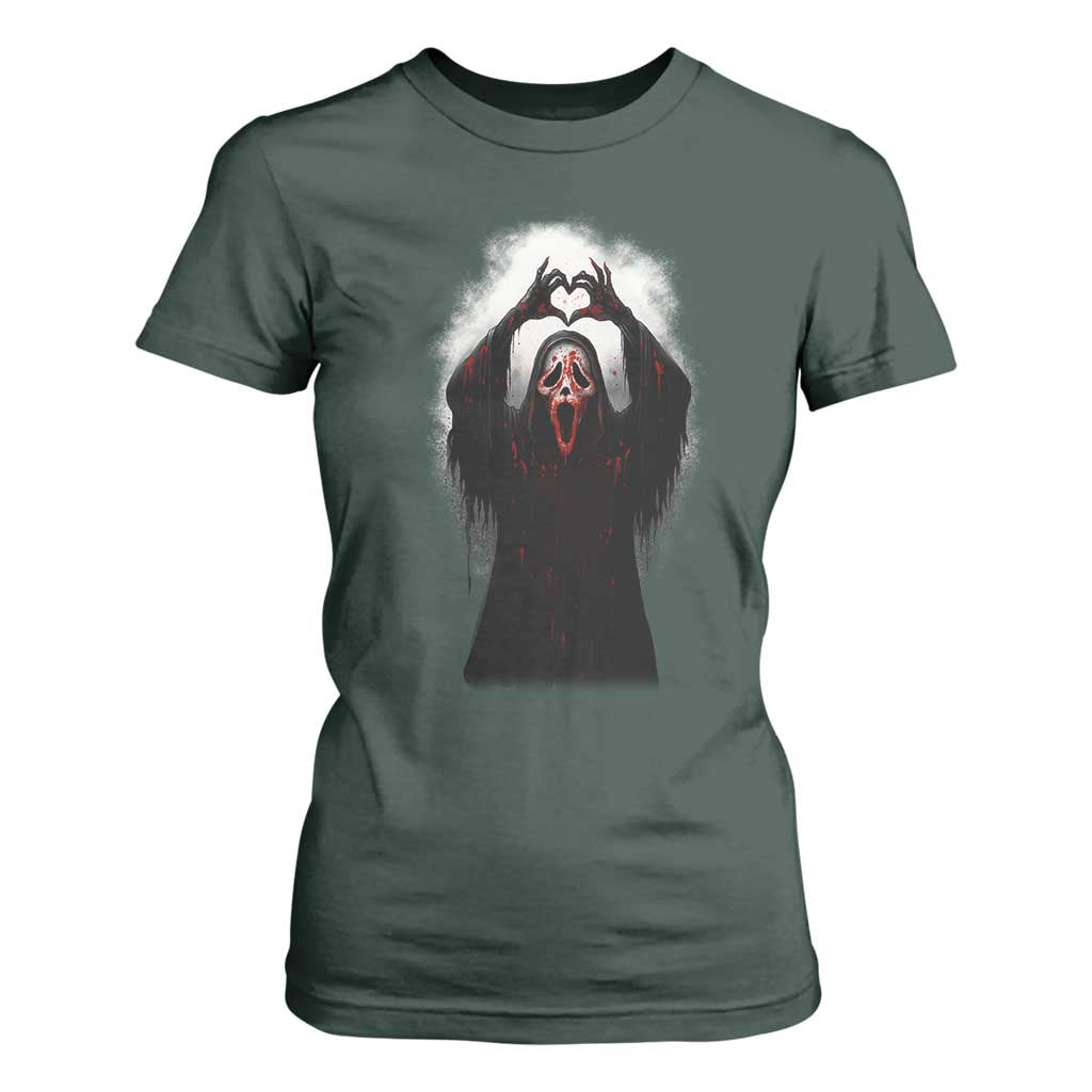Funny Scary Face Ghost Hand Heart Sign Halloween T Shirt For Women TS11 Dark Forest Green Print Your Wear